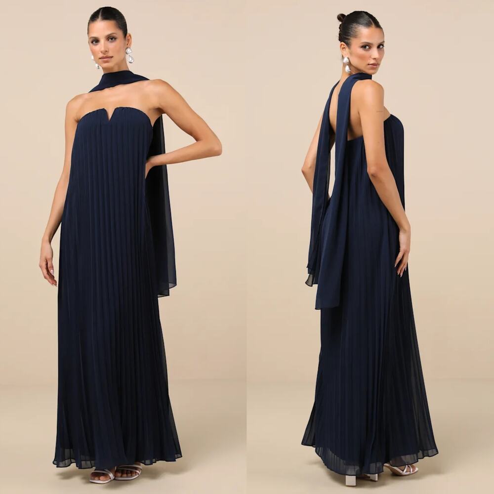NWT Lulus Lael Dress Pleated Strapless Maxi A-Line Gown Navy Blue Womens Size XS